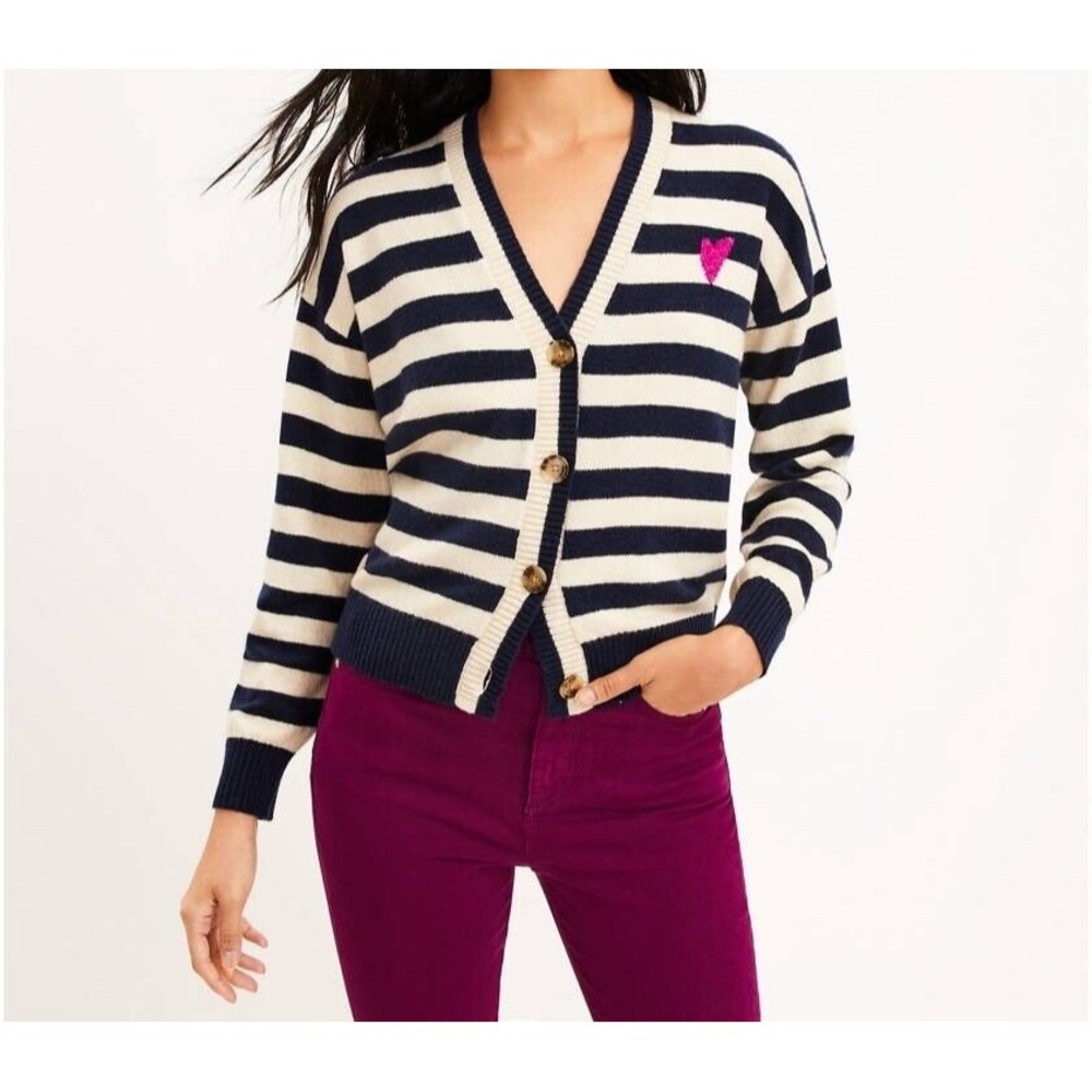 LOFT‎ Womens Navy Cream Striped Heart V-Neck Button Front Cardigan Sweater L